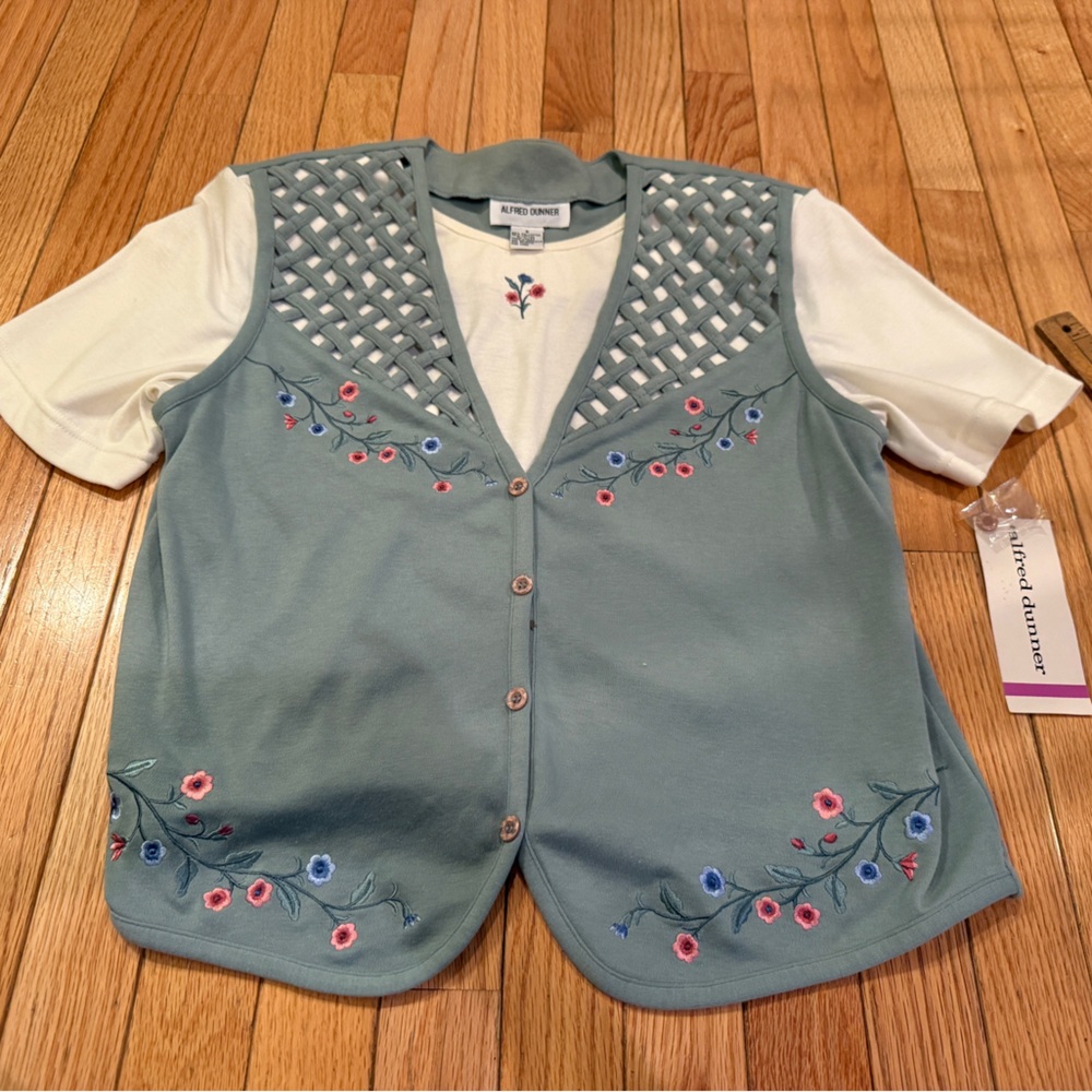 Alfred Dunner Kids Button Down Shirt - Blue with Floral Embroidery grannycore